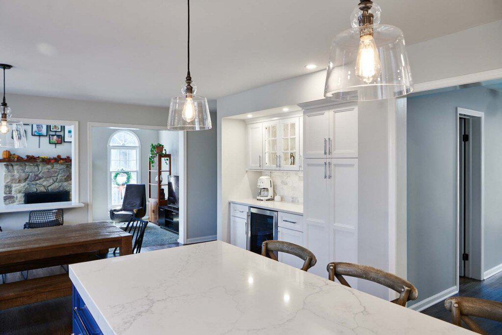 Bell Pendants in Ardmore, PA kitchen remodel — White Shaker cabinetry