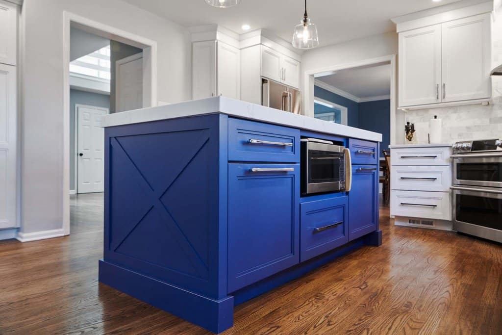 Island Microwave in Ardmore, PA kitchen remodel — White Shaker cabinetry
