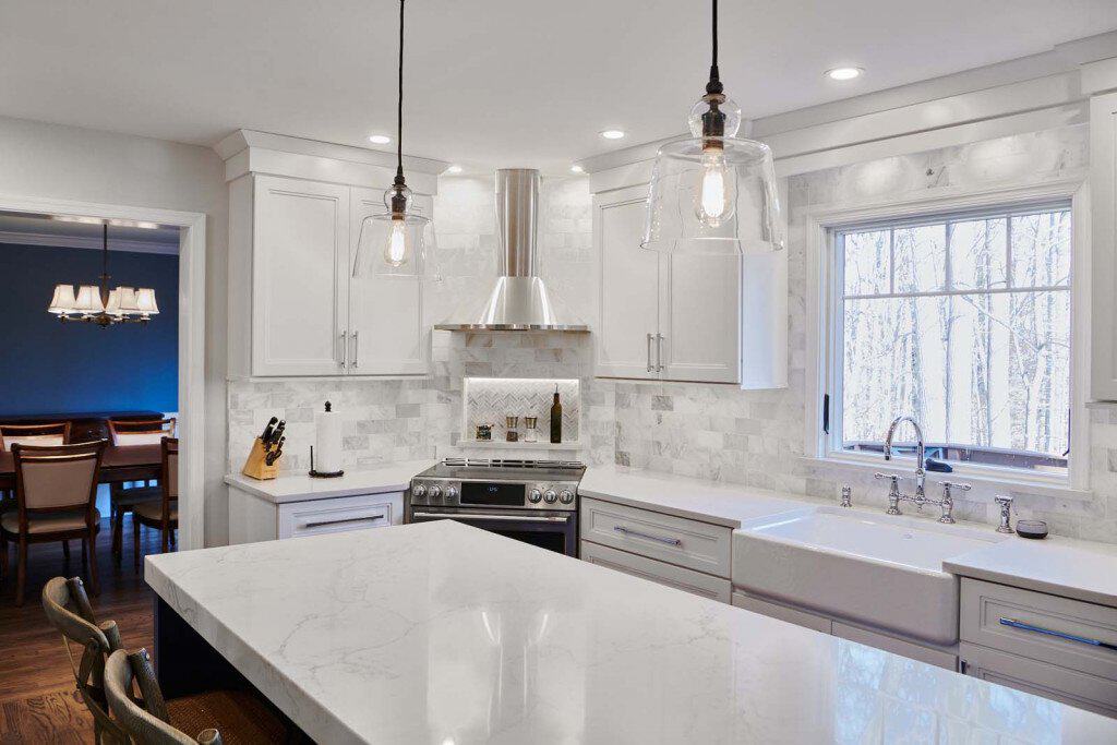 Marble Counters in Ardmore, PA kitchen remodel — White Shaker cabinetry