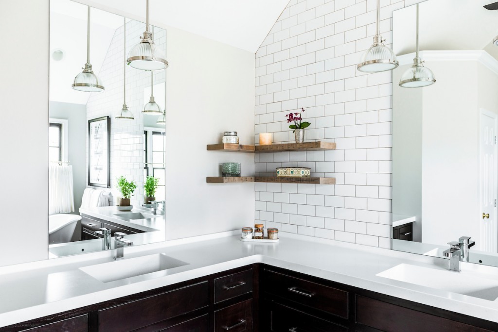 Espresso Shaker cabinetry double vanity with white subway tile and slipper tub in Berwyn, PA — bathroom remodel by Fedor Fabrication