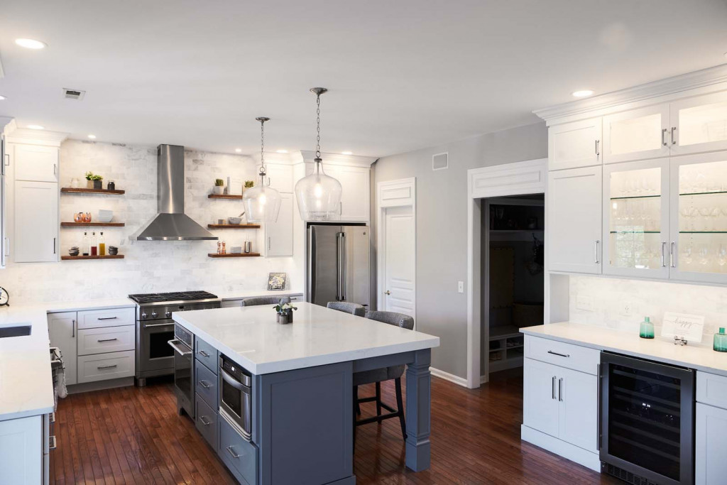 Bell Pendants in Chadds Ford, PA kitchen remodel — White frameless Shaker cabinetry