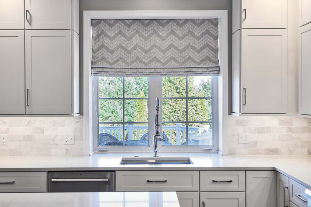 Chevron Shade in Chadds Ford, PA kitchen remodel — White frameless Shaker cabinetry