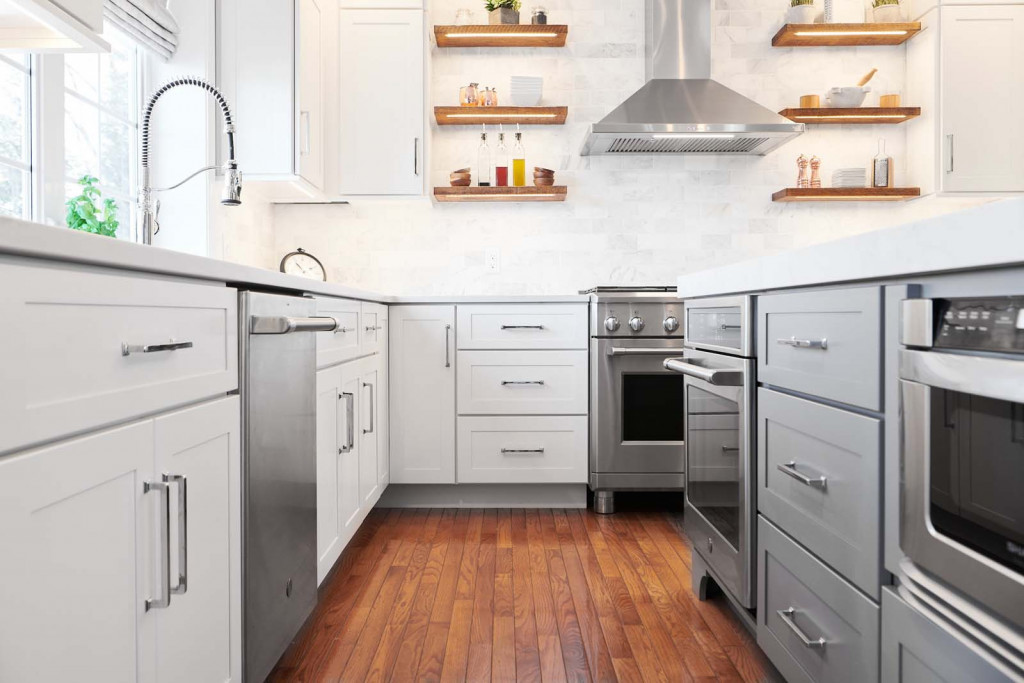 Galley Range in Chadds Ford, PA kitchen remodel — White frameless Shaker cabinetry