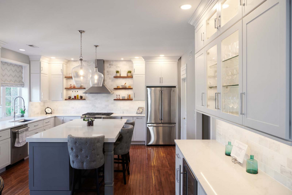 Glass Uppers in Chadds Ford, PA kitchen remodel — White frameless Shaker cabinetry