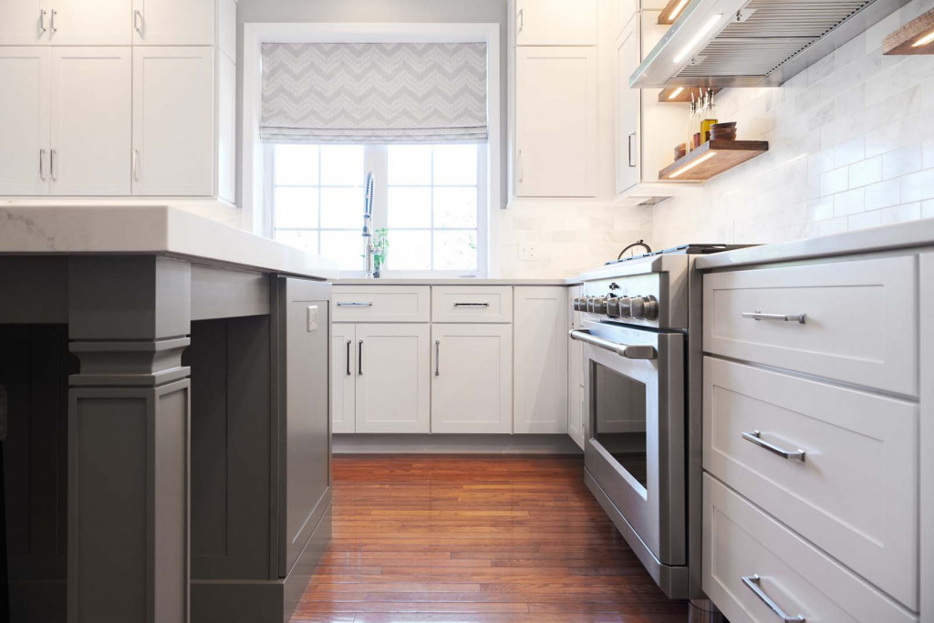 Gray Island in Chadds Ford, PA kitchen remodel — White frameless Shaker cabinetry