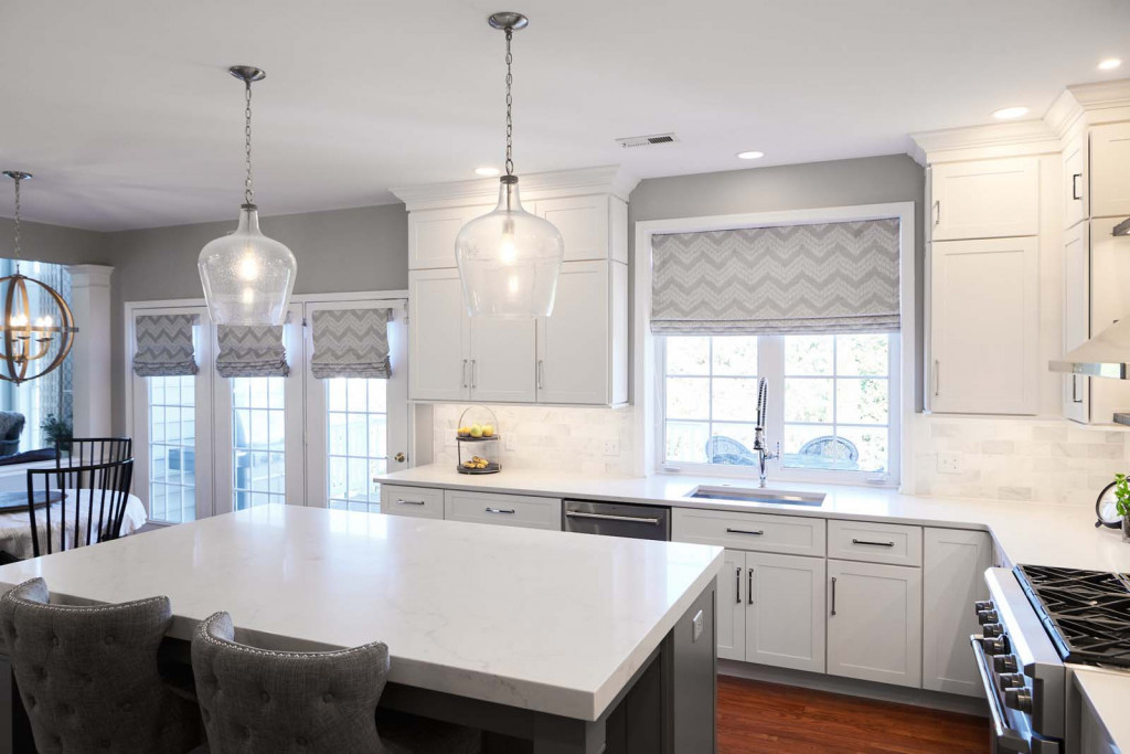 Island Overview in Chadds Ford, PA kitchen remodel — White frameless Shaker cabinetry