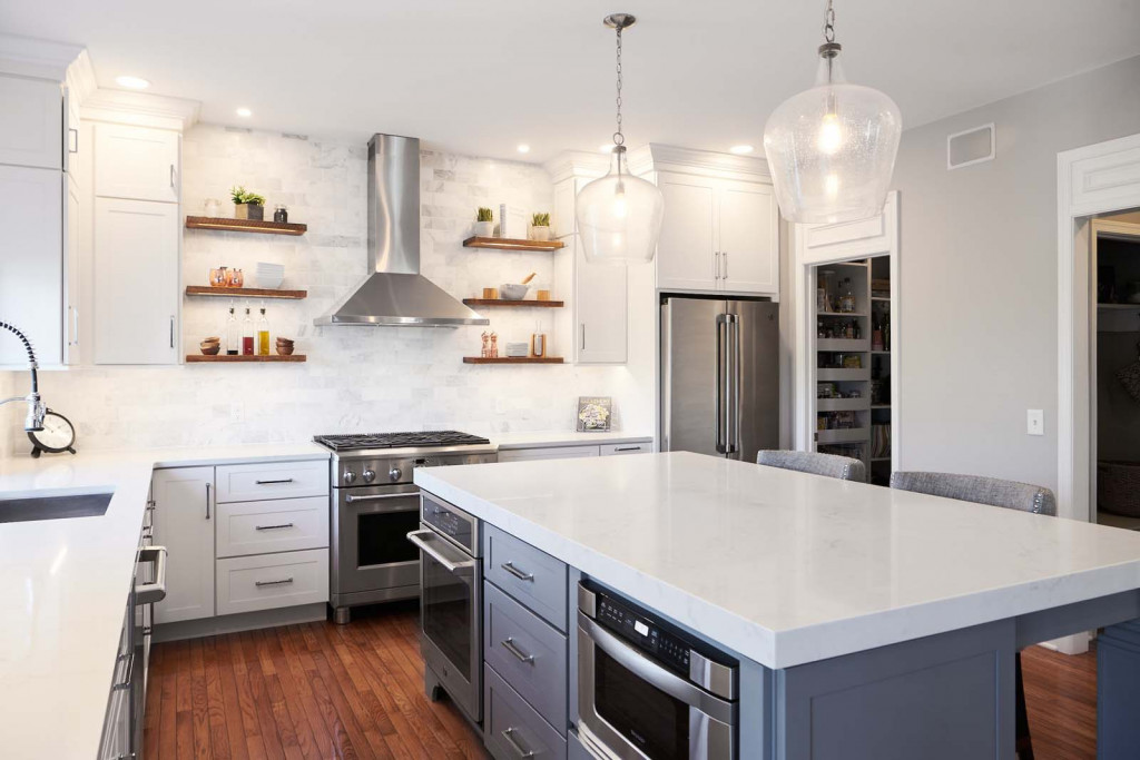 Long view of bathroom with walnut Shaker cabinetry in Chadds Ford, PA kitchen remodel — White frameless Shaker cabinetry