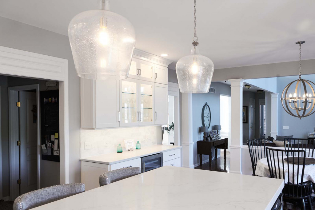 Orb Pendants in Chadds Ford, PA kitchen remodel — White frameless Shaker cabinetry