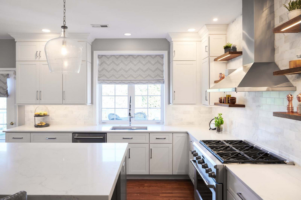 Range Overview in Chadds Ford, PA kitchen remodel — White frameless Shaker cabinetry