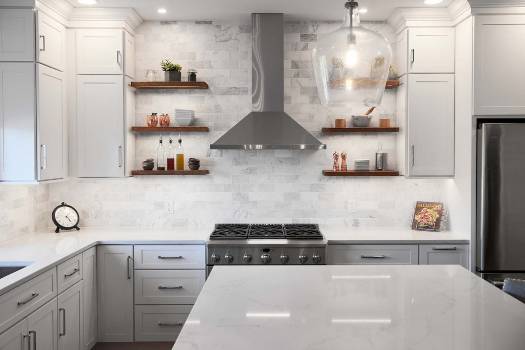 Walnut Shelves in Chadds Ford, PA kitchen remodel — White frameless Shaker cabinetry