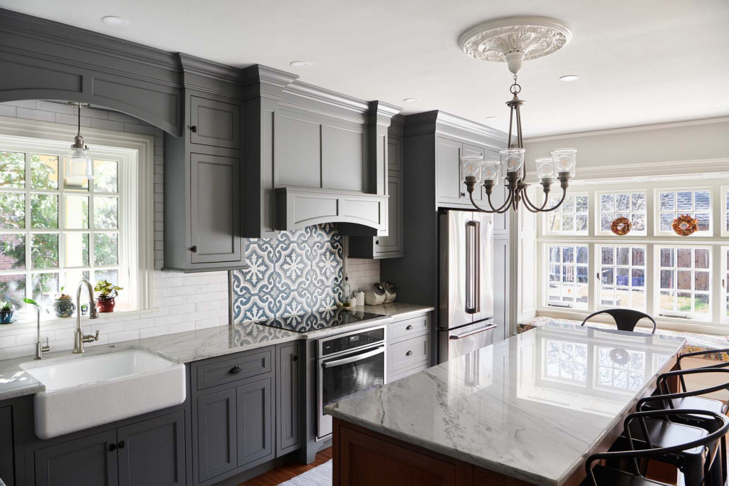 Arched Hood in Devon, PA kitchen remodel — Gray inset Shaker perimeter