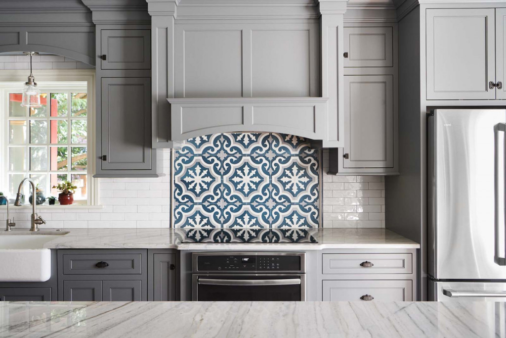 Blue Backsplash in Devon, PA kitchen remodel — Gray inset Shaker perimeter