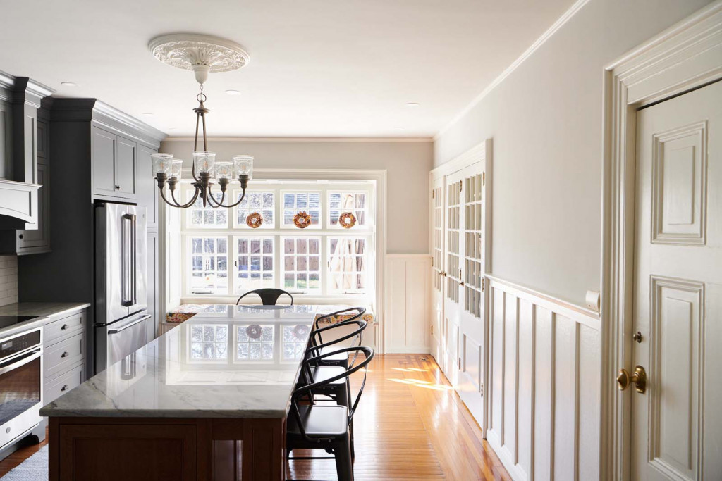 Breakfast Nook in Devon, PA kitchen remodel — Gray inset Shaker perimeter