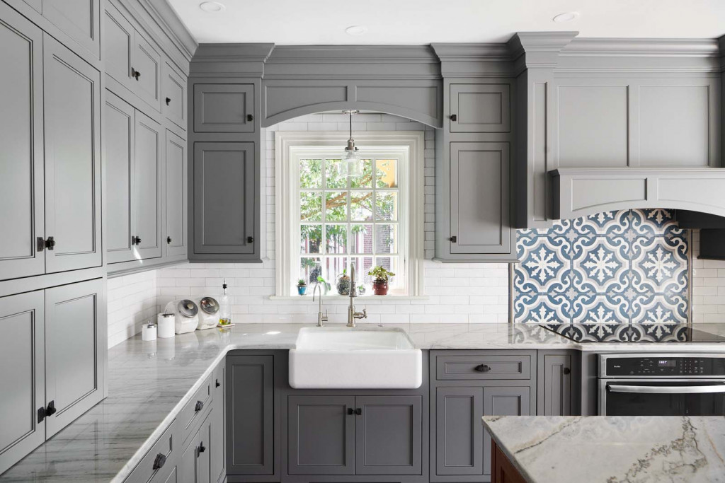 Decorative Tile in Devon, PA kitchen remodel — Gray inset Shaker perimeter