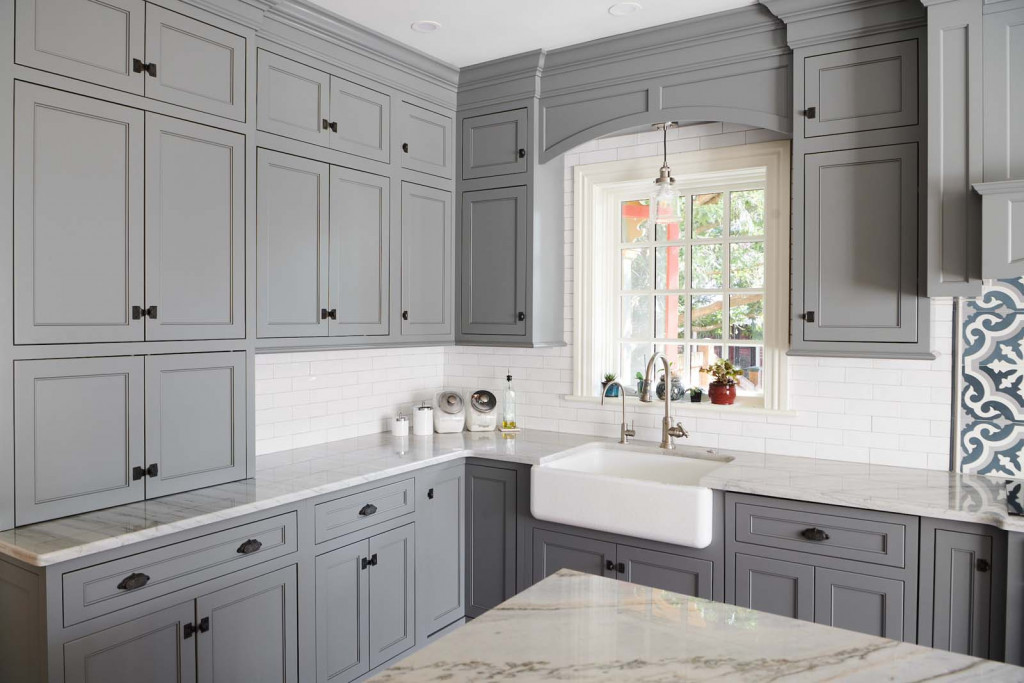 Farmhouse Sink in Devon, PA kitchen remodel — Gray inset Shaker perimeter