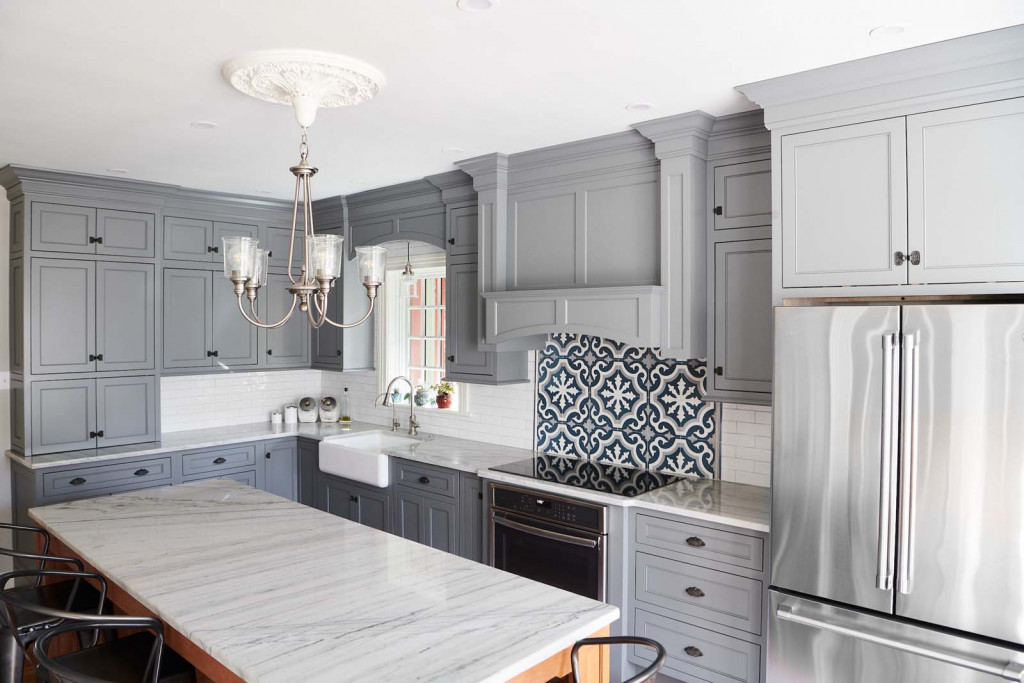 Hurricane Chandelier in Devon, PA kitchen remodel — Gray inset Shaker perimeter