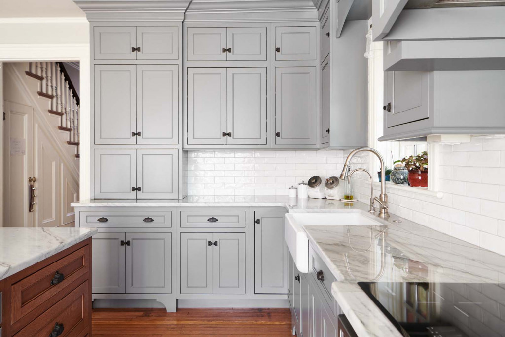 Marble Counters in Devon, PA kitchen remodel — Gray inset Shaker perimeter