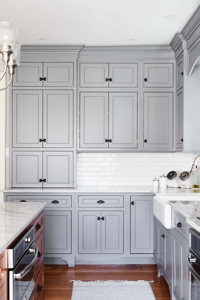 Vertical Uppers in Devon, PA kitchen remodel — Gray inset Shaker perimeter