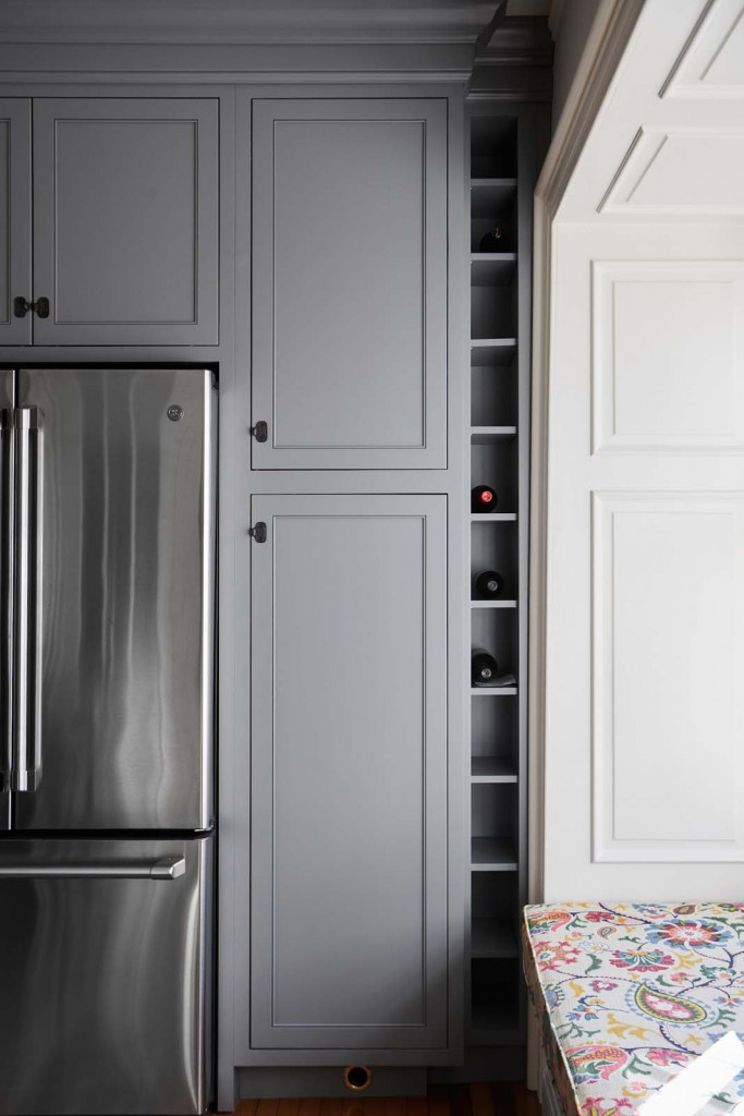 Wine Cubbies in Devon, PA kitchen remodel — Gray inset Shaker perimeter