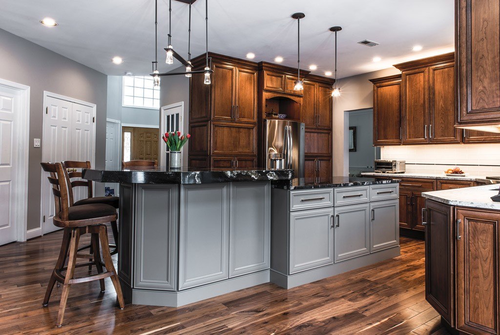 Gray Island in Downingtown, PA kitchen remodel — Two-tone raised-panel cabinetry