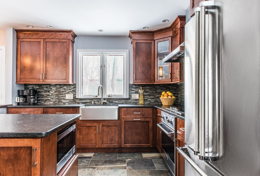 Farmhouse Sink in Exton, PA kitchen remodel — Stained cherry Shaker cabinetry