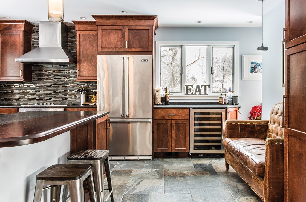 Leather Bench in Exton, PA kitchen remodel — Stained cherry Shaker cabinetry