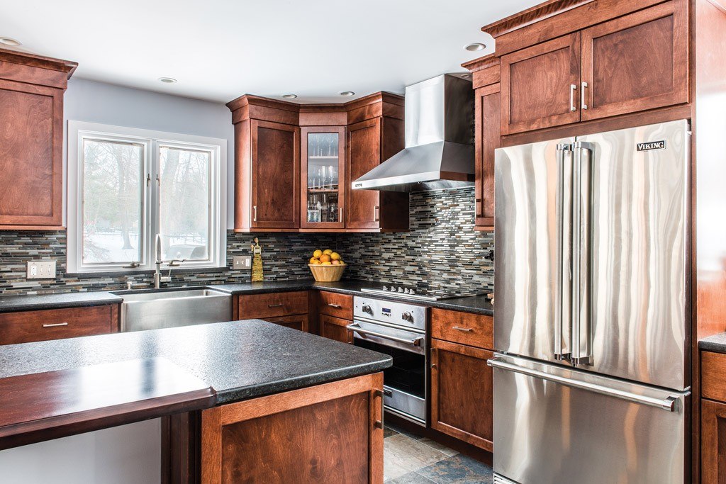 Viking Range in Exton, PA kitchen remodel — Stained cherry Shaker cabinetry