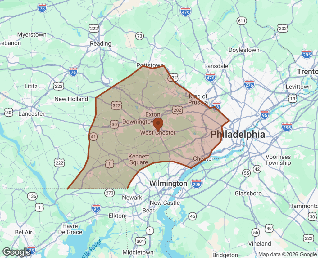 Service area map showing Chester County, Delaware County, and the Main Line — Fedor Fabrication service area