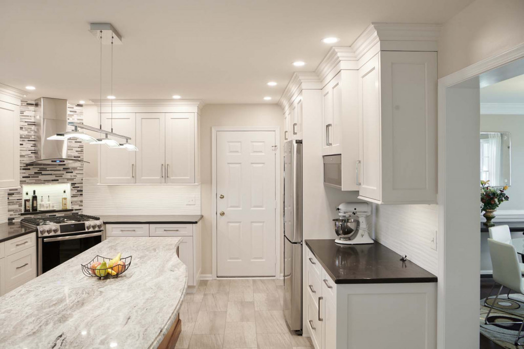 Led Pendants in Kennett Square, PA kitchen remodel — White Shaker cabinetry
