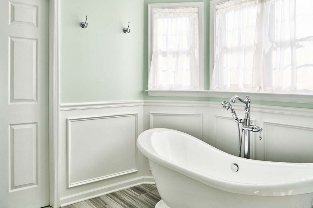 Double vanity with two beveled-edge mirrors in Malvern, PA bathroom remodel — Mint primary bath