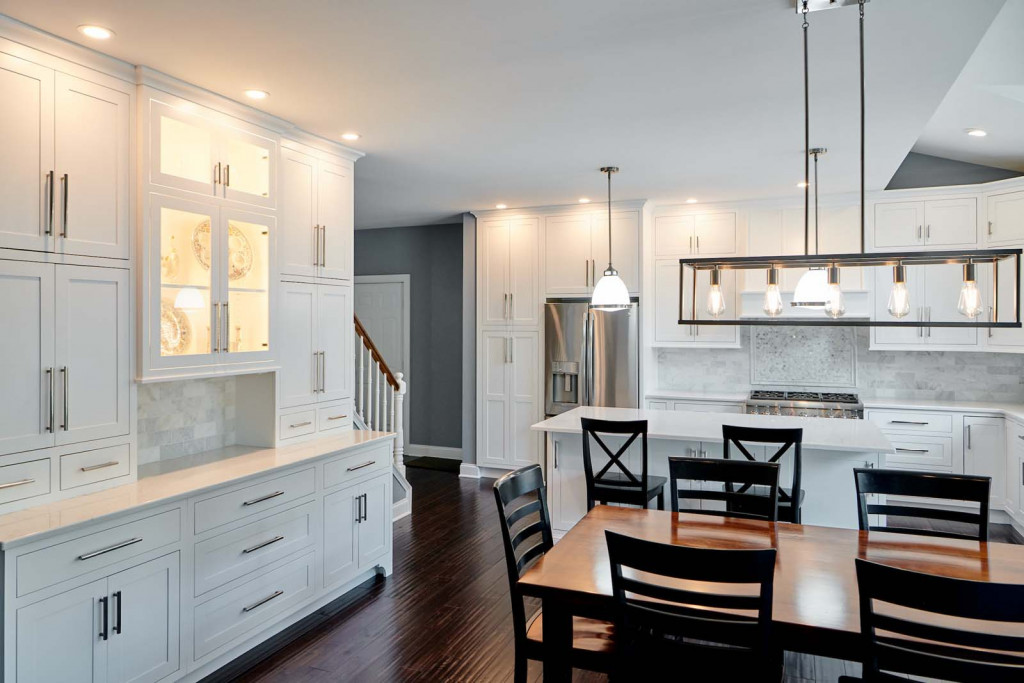 Buffet Island in Malvern, PA kitchen remodel — White inset Shaker cabinetry