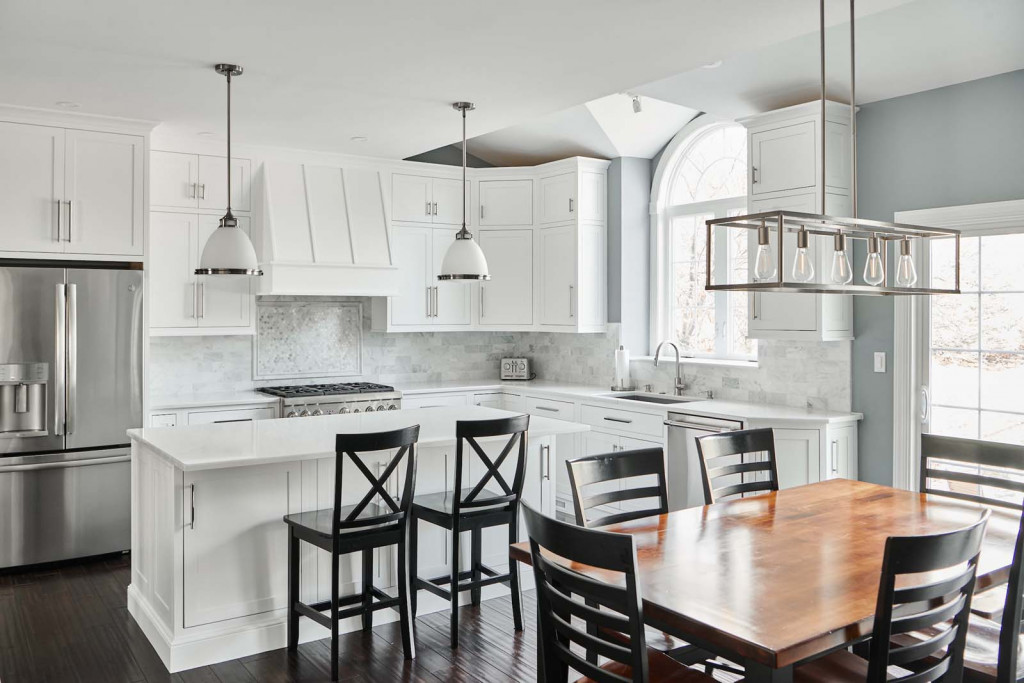 Dining View in Malvern, PA kitchen remodel — White inset Shaker cabinetry