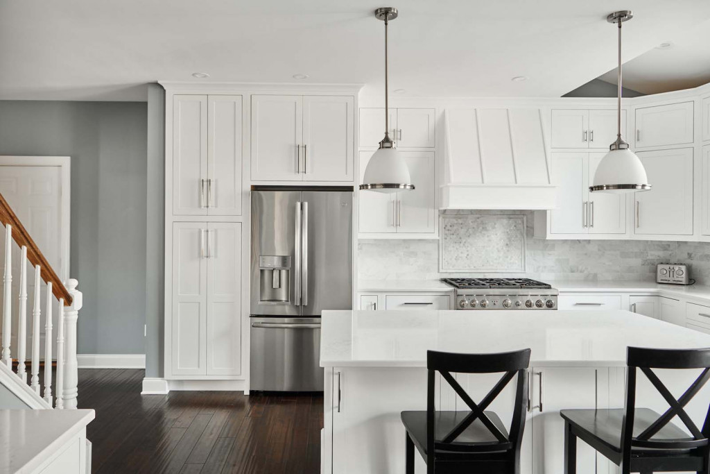 Dome Pendants in Malvern, PA kitchen remodel — White inset Shaker cabinetry