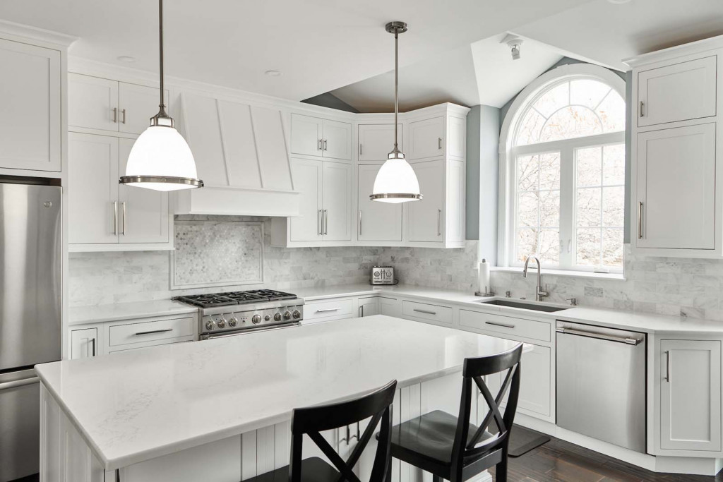 Hex Medallion in Malvern, PA kitchen remodel — White inset Shaker cabinetry