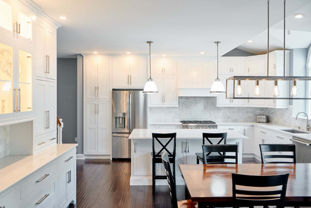 Island Overview in Malvern, PA kitchen remodel — White inset Shaker cabinetry