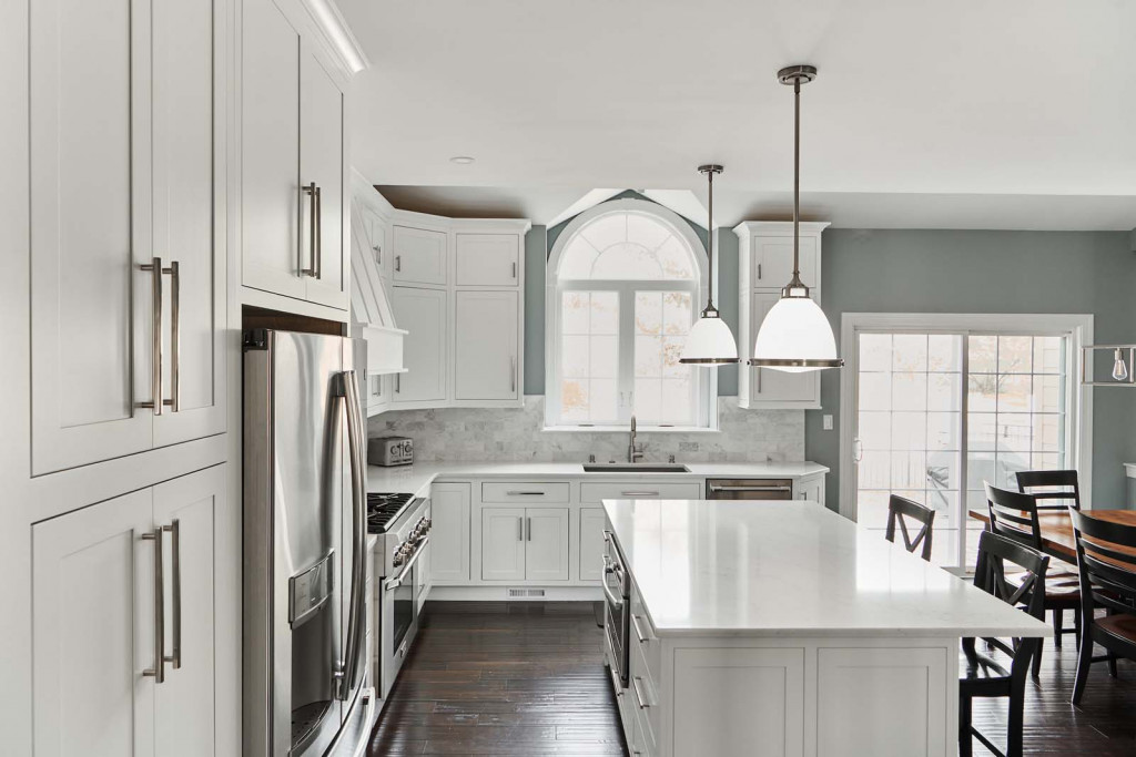 Marble Subway in Malvern, PA kitchen remodel — White inset Shaker cabinetry