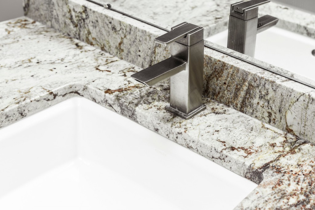 Brushed nickel modern square single-handle faucet in Media, PA bathroom remodel — Espresso Shaker vanity