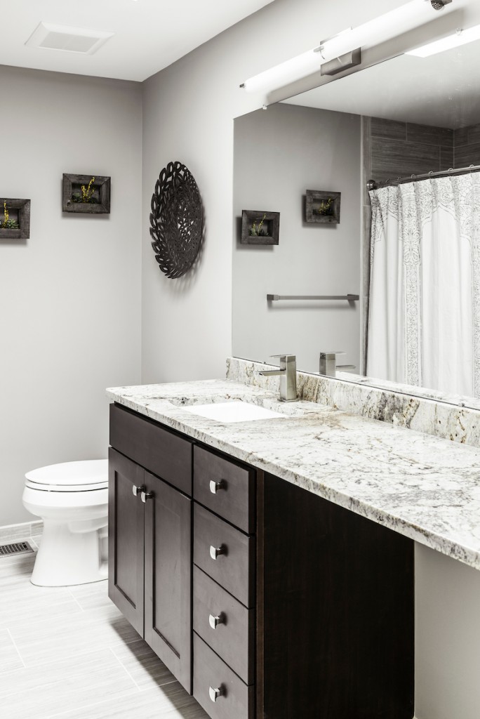 Vanity and toilet area vertical view in Media, PA bathroom remodel — Espresso Shaker vanity