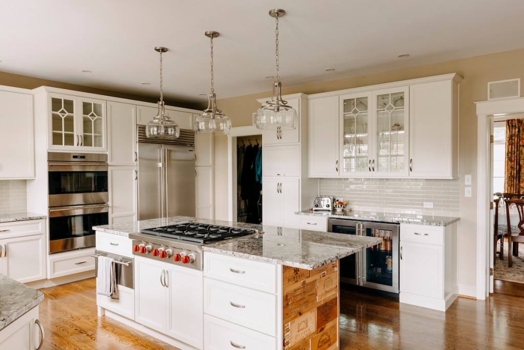Leaded Glass in Media, PA kitchen remodel — White recessed-panel cabinetry