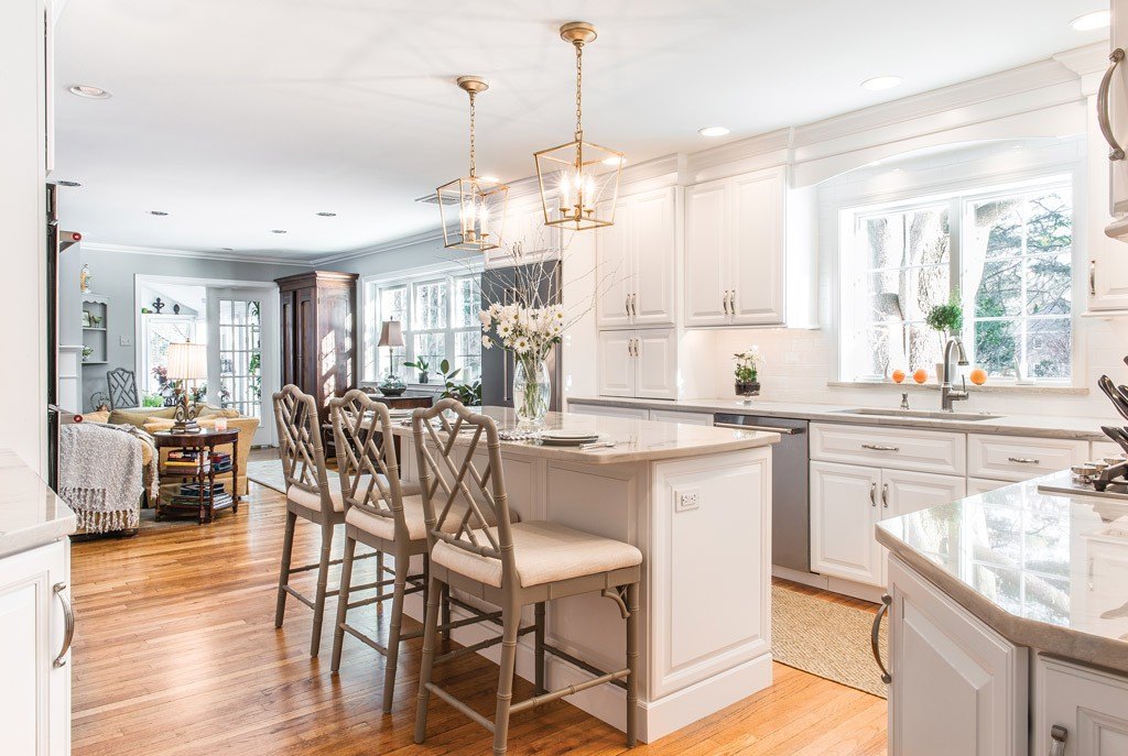 Island Overview in Newtown Square, PA kitchen remodel — Cream raised-panel cabinetry