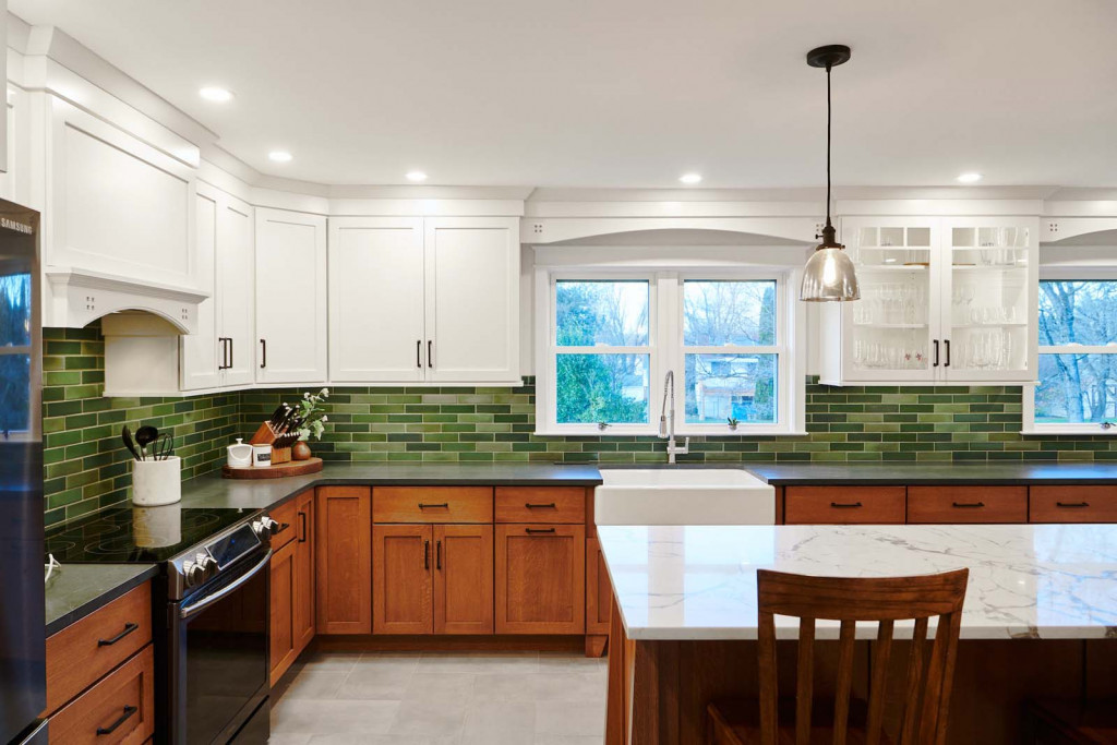 Farmhouse Sink in Phoenixville, PA kitchen remodel — Two-tone Shaker cabinetry