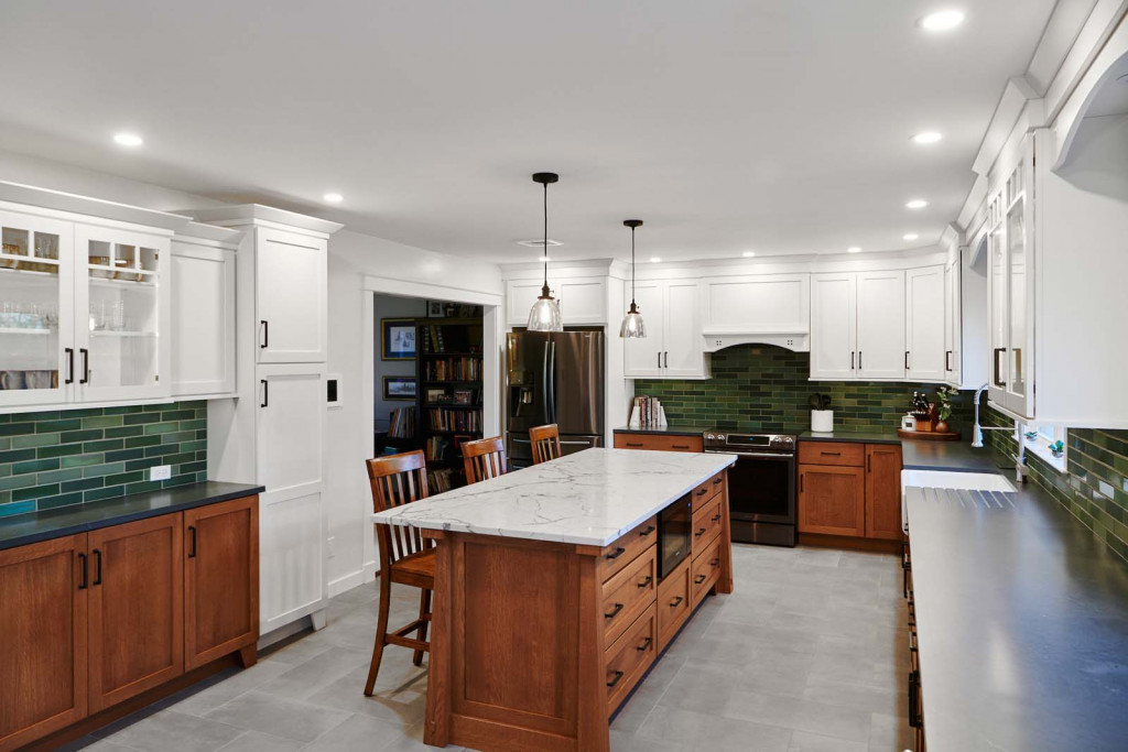 Fridge Alcove in Phoenixville, PA kitchen remodel — Two-tone Shaker cabinetry
