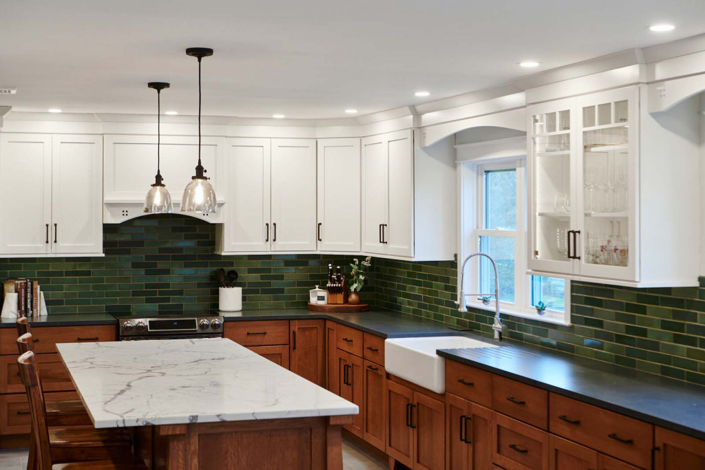 Glass Pendants in Phoenixville, PA kitchen remodel — Two-tone Shaker cabinetry