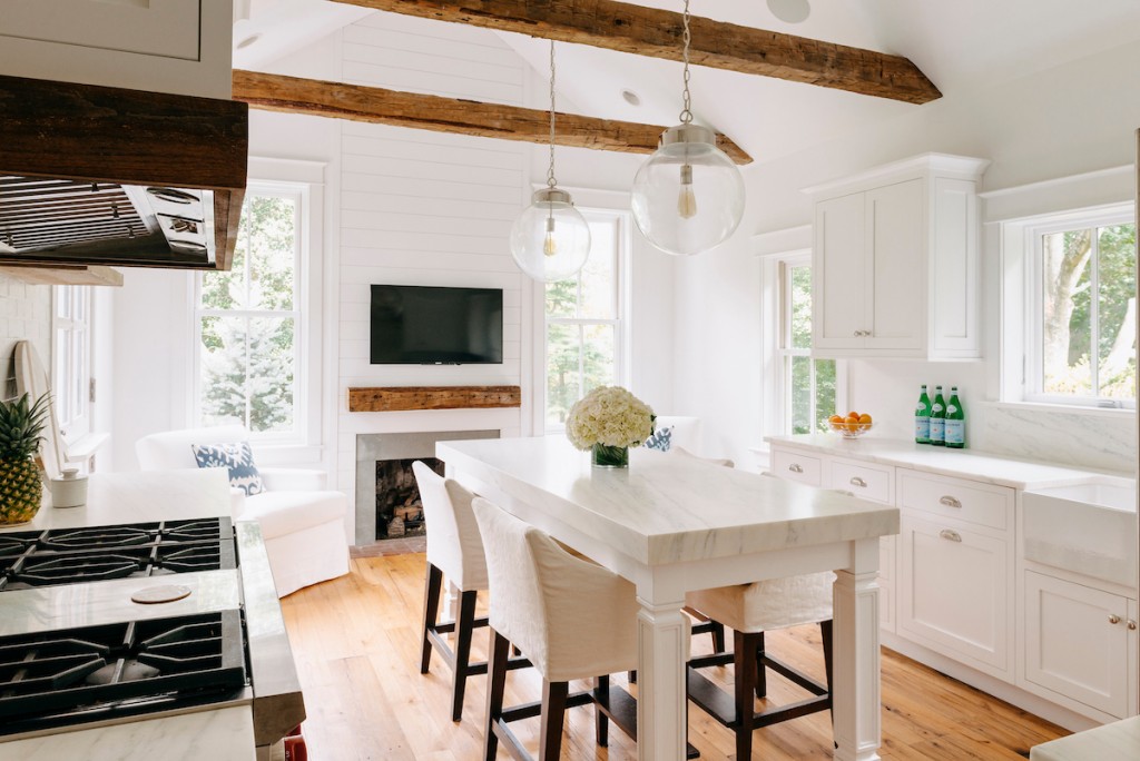 Globe Pendants in Wayne, PA kitchen remodel — White inset Shaker cabinetry