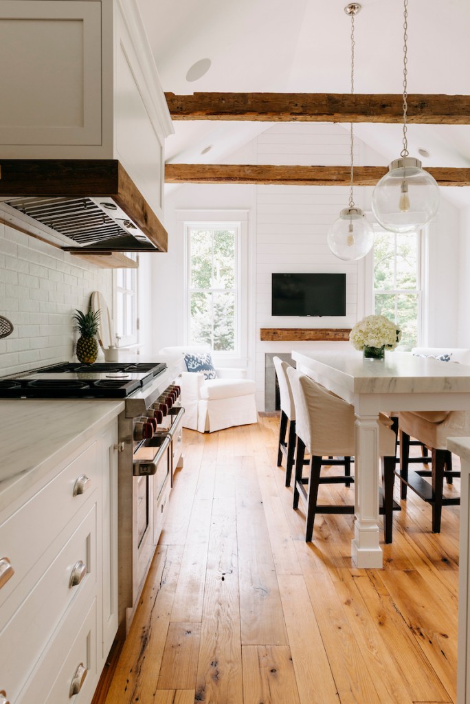Reclaimed Beams in Wayne, PA kitchen remodel — White inset Shaker cabinetry