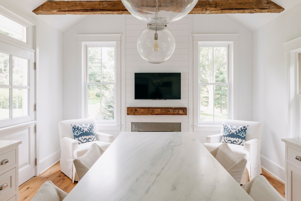 Shiplap Fireplace in Wayne, PA kitchen remodel — White inset Shaker cabinetry
