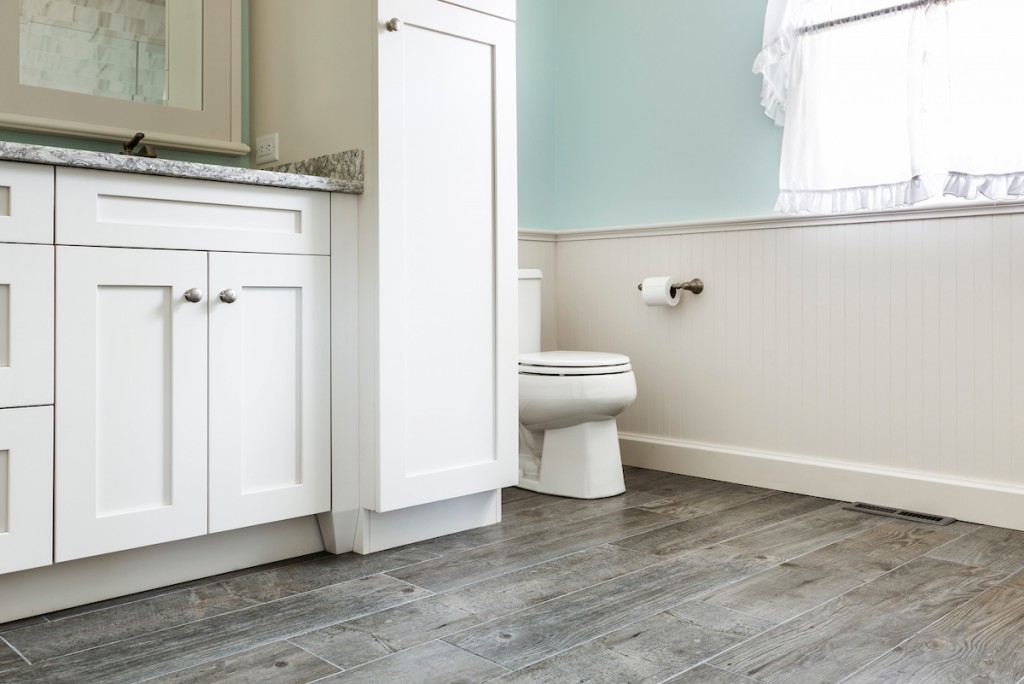 White Shaker double vanity beside toilet area in West Chester, PA bathroom remodel — Coastal seafoam primary