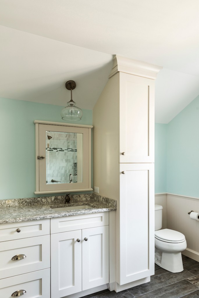 Marble subway shower with built-in bench in West Chester, PA bathroom remodel — Coastal seafoam primary