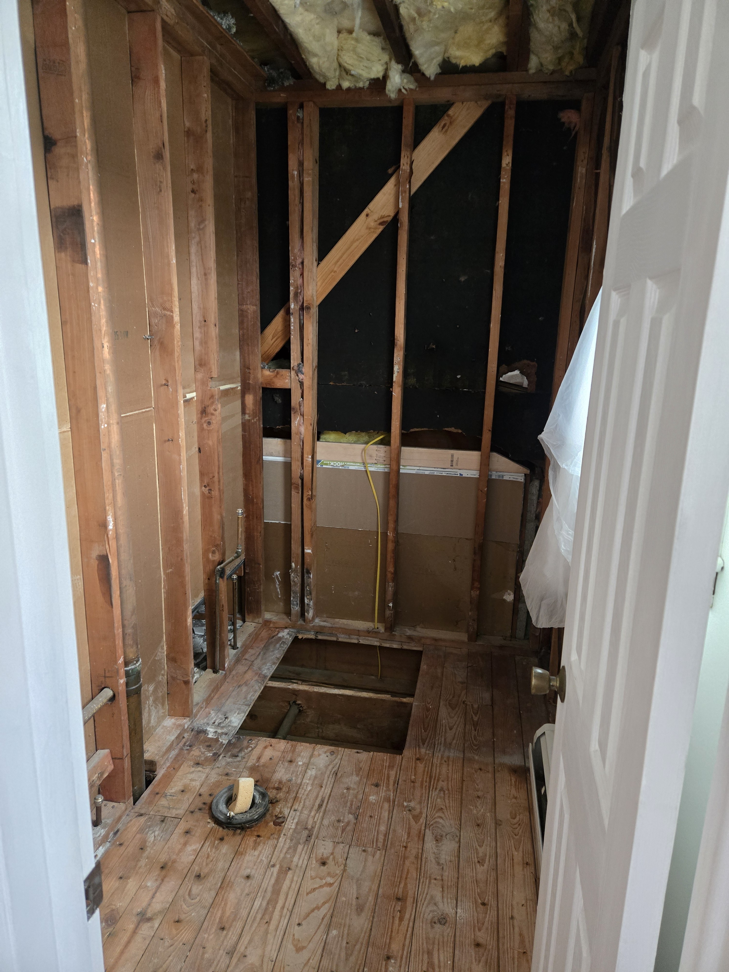 Mid-demo — joists exposed, walls stripped to studs, original wood wall and insulation visible