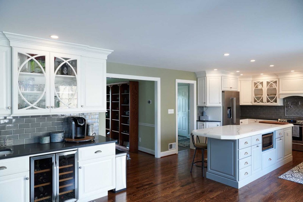 West Chester kitchen coffee bar area with built-in dual-zone wine fridge and a separate run of cabinetry away from the cooking zone